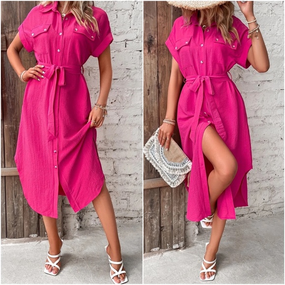 Plus Hot Pink Button up Belted Shirt Midi Dress - Picture 2 of 4